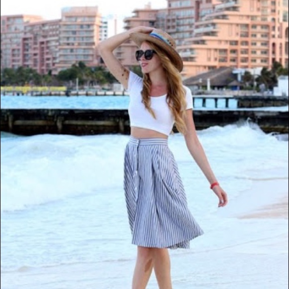 Zara Blue and White Striped Button-down Skirt